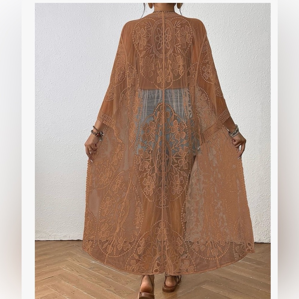Sheer Lace Kimono Robe - Khaki - Picture 5 of 6